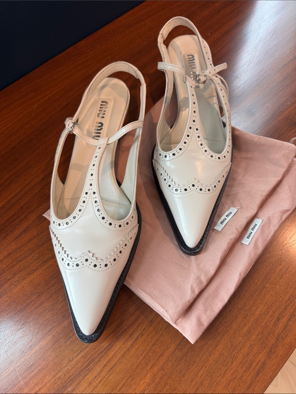 Miu Miu Cream Pointed Brogue Slingback Flats